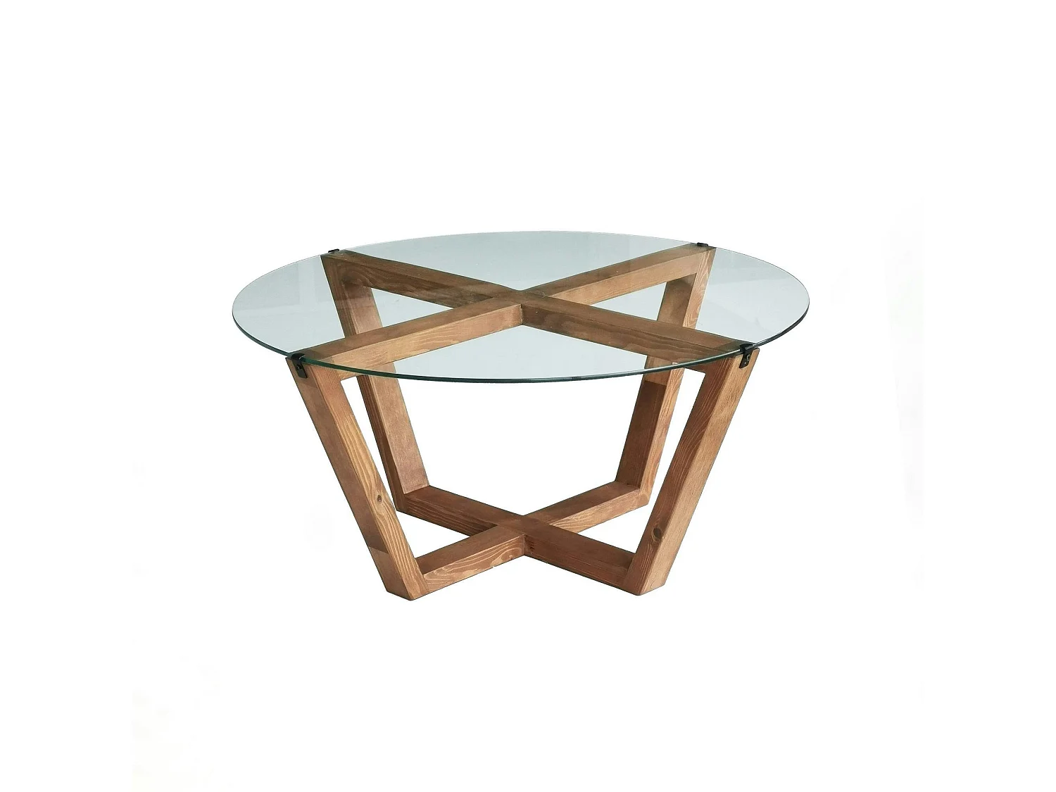 Table basse ronde verre et bois brun  - pieds croisés ANZIO