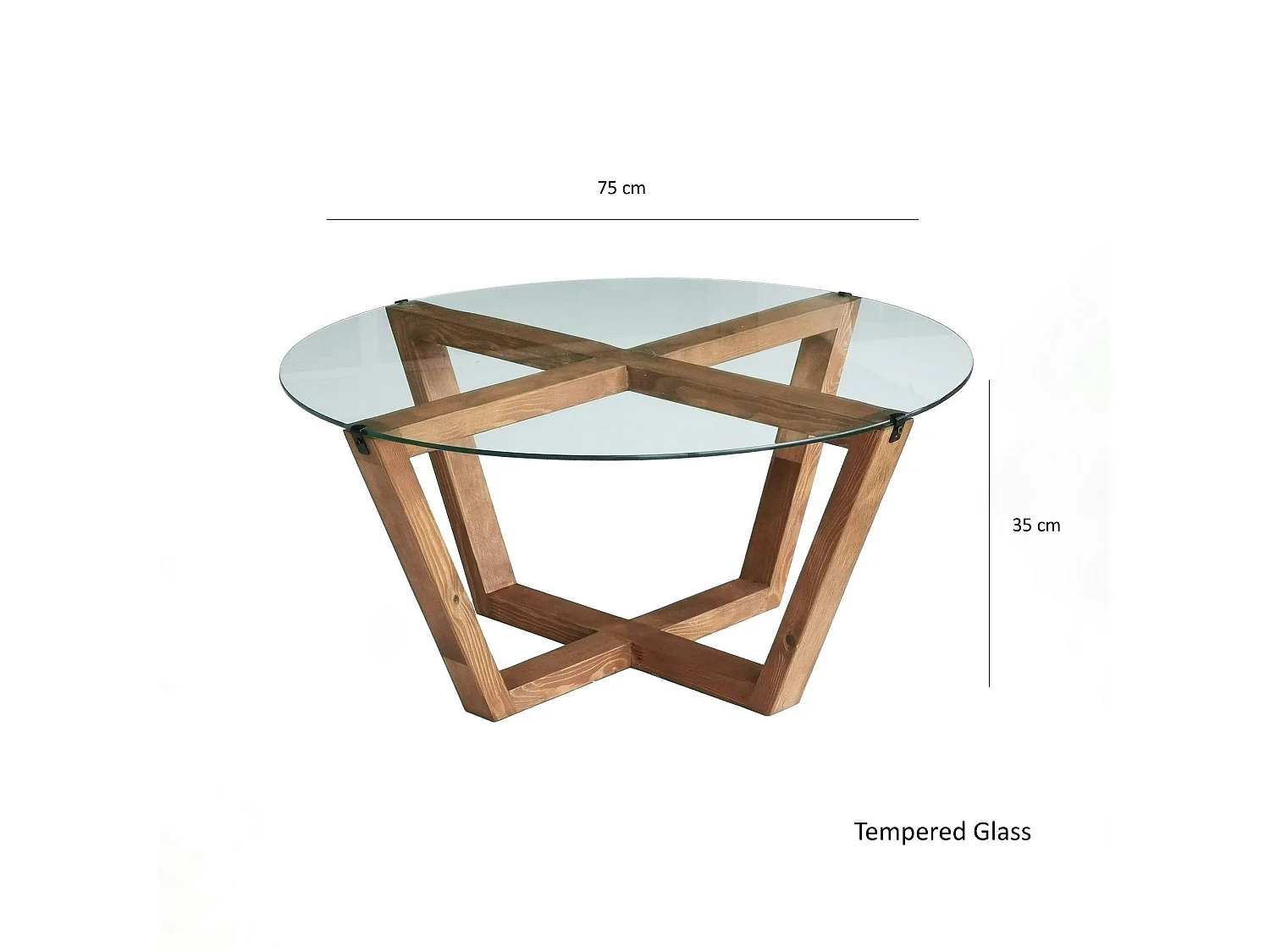 Table basse ronde verre et bois brun  - pieds croisés ANZIO