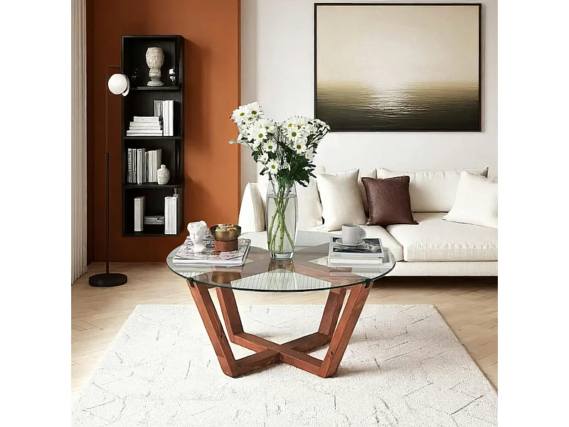 Table basse ronde verre et bois brun  - pieds croisés ANZIO