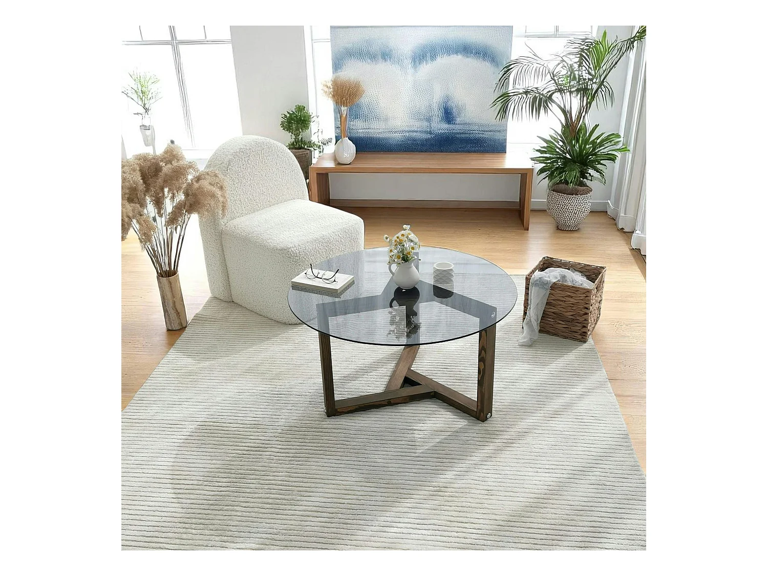 Table basse verre fumé - pied 3 branches, bois foncé ANZIO