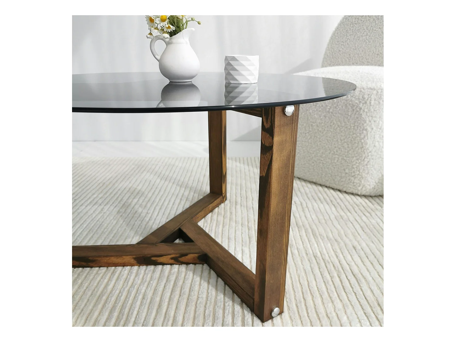 Table basse verre fumé - pied 3 branches, bois foncé ANZIO