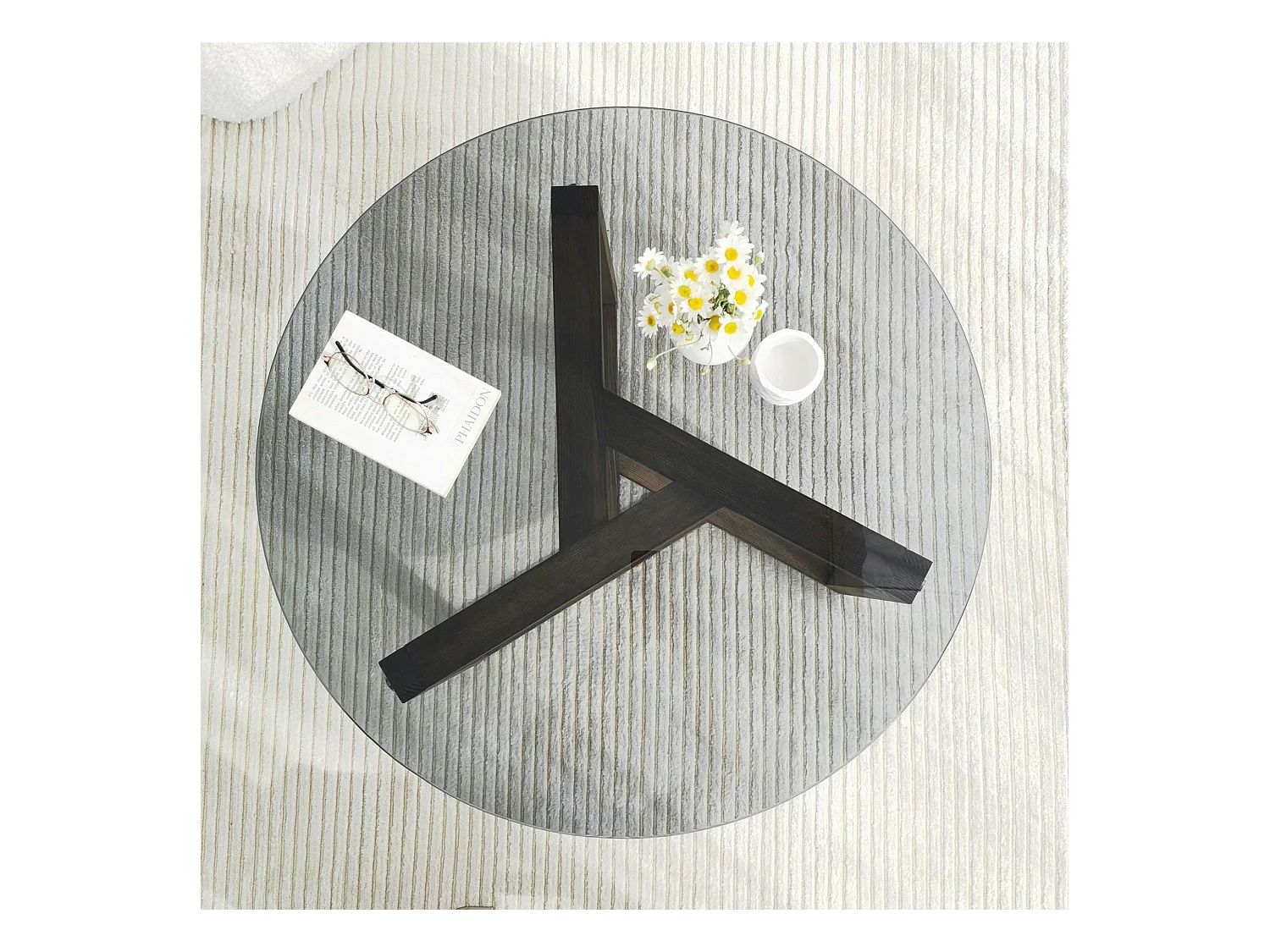 Table basse verre fumé - pied 3 branches, bois foncé ANZIO