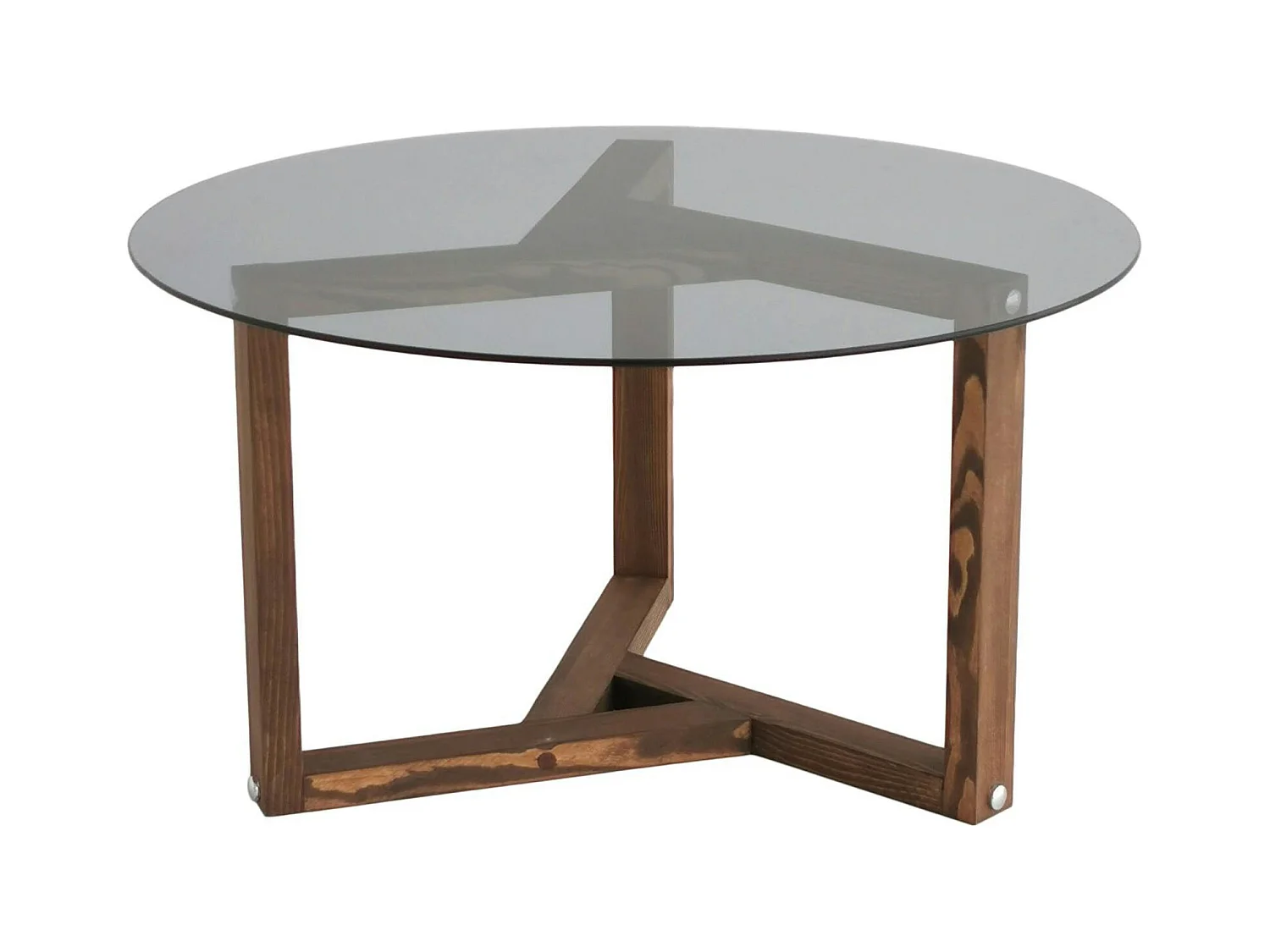 Table basse verre fumé - pied 3 branches, bois foncé ANZIO