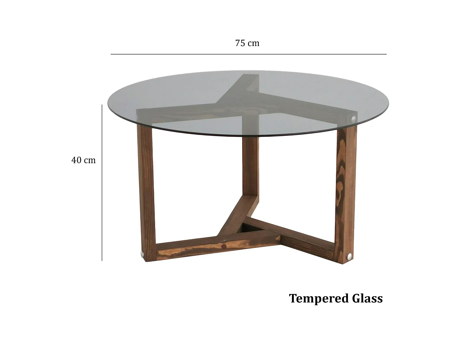 Table basse verre fumé - pied 3 branches, bois foncé ANZIO
