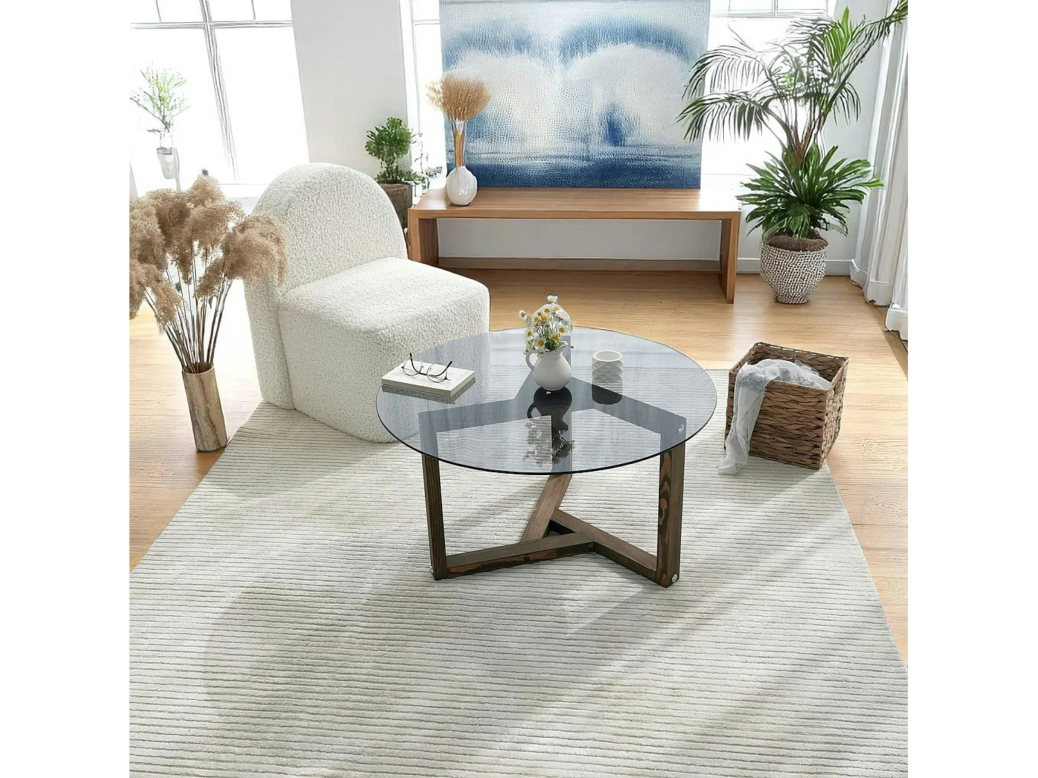 Table basse verre fumé - pied 3 branches, bois foncé ANZIO