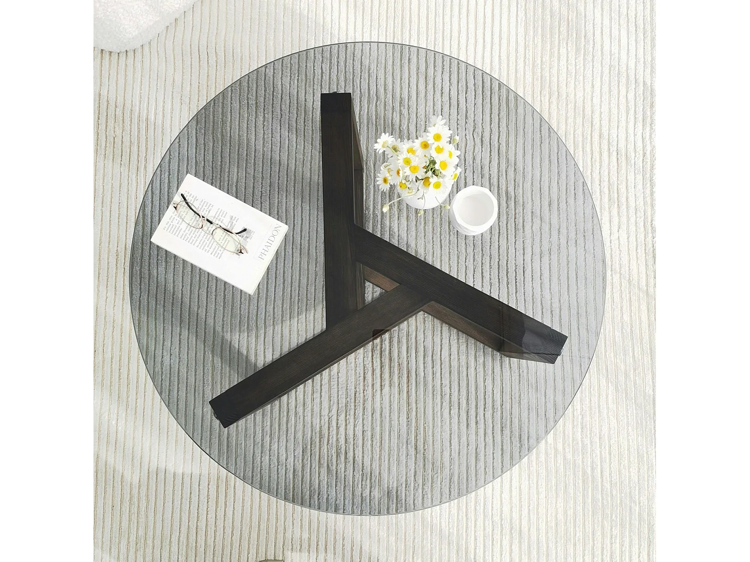 Table basse verre fumé - pied 3 branches, bois foncé ANZIO