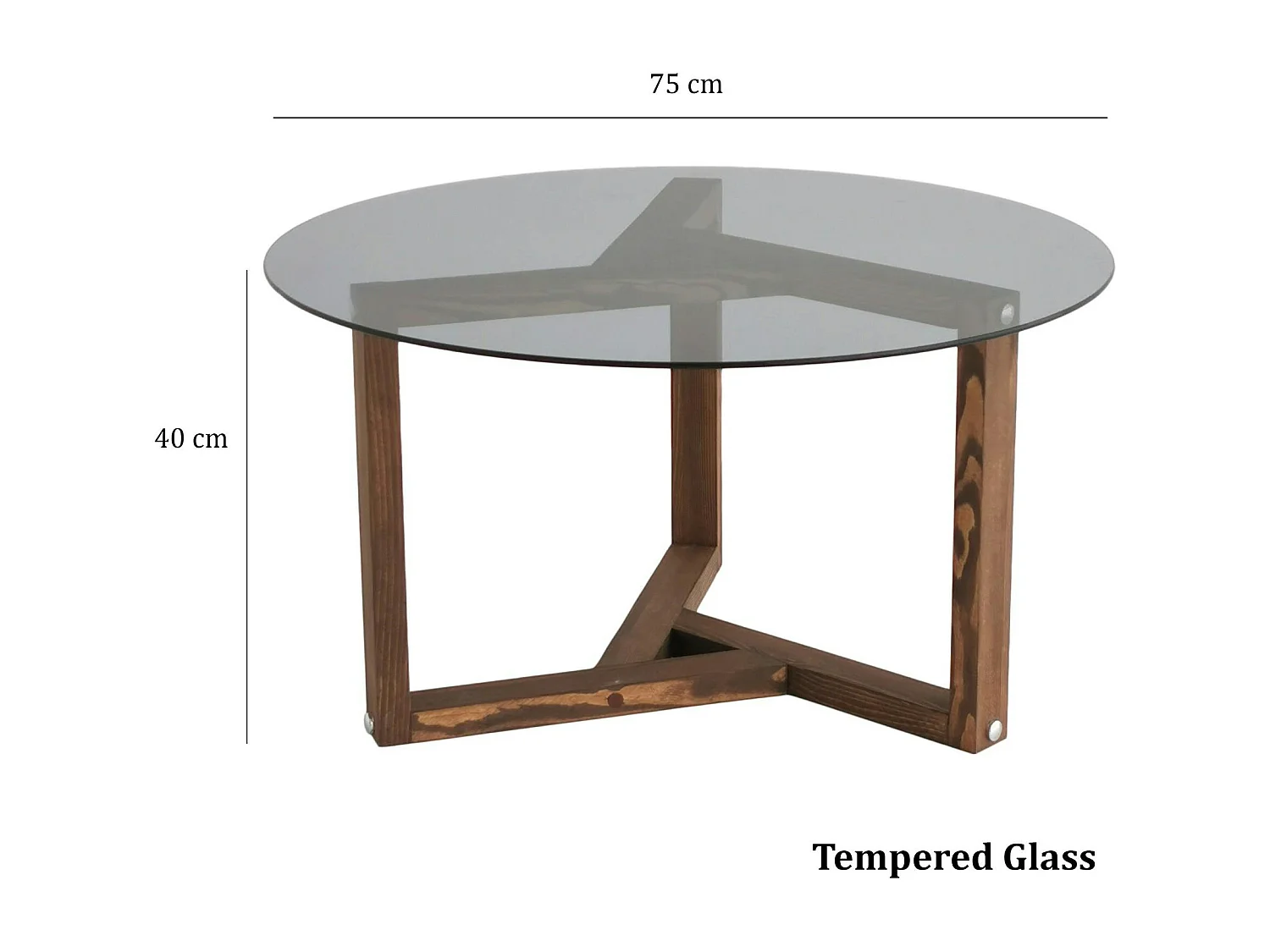 Table basse verre fumé - pied 3 branches, bois foncé ANZIO