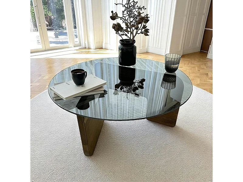 Table basse design en verre fumé - pied bois brun ANZIO