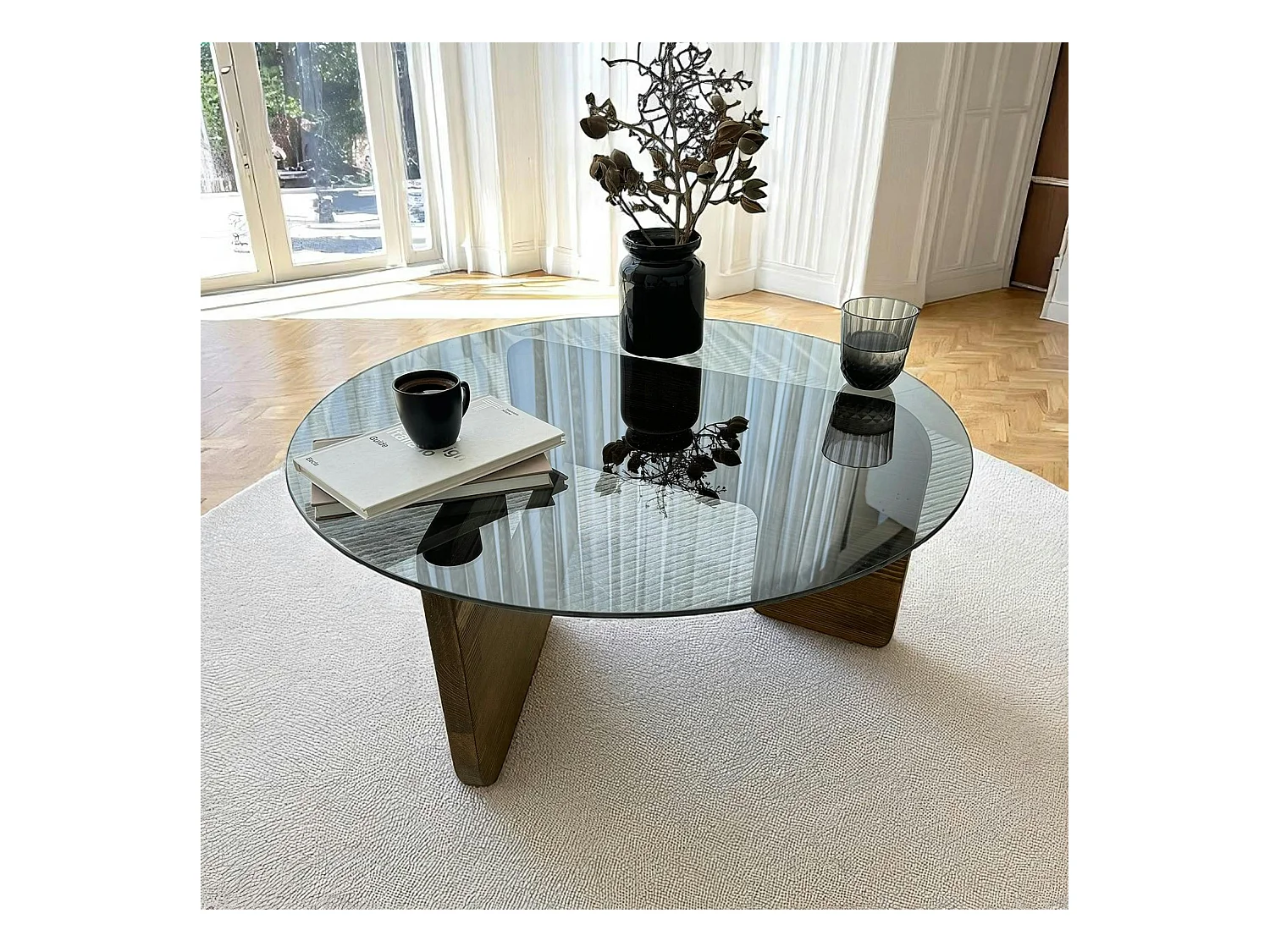 Table basse design en verre fumé - pied bois brun ANZIO