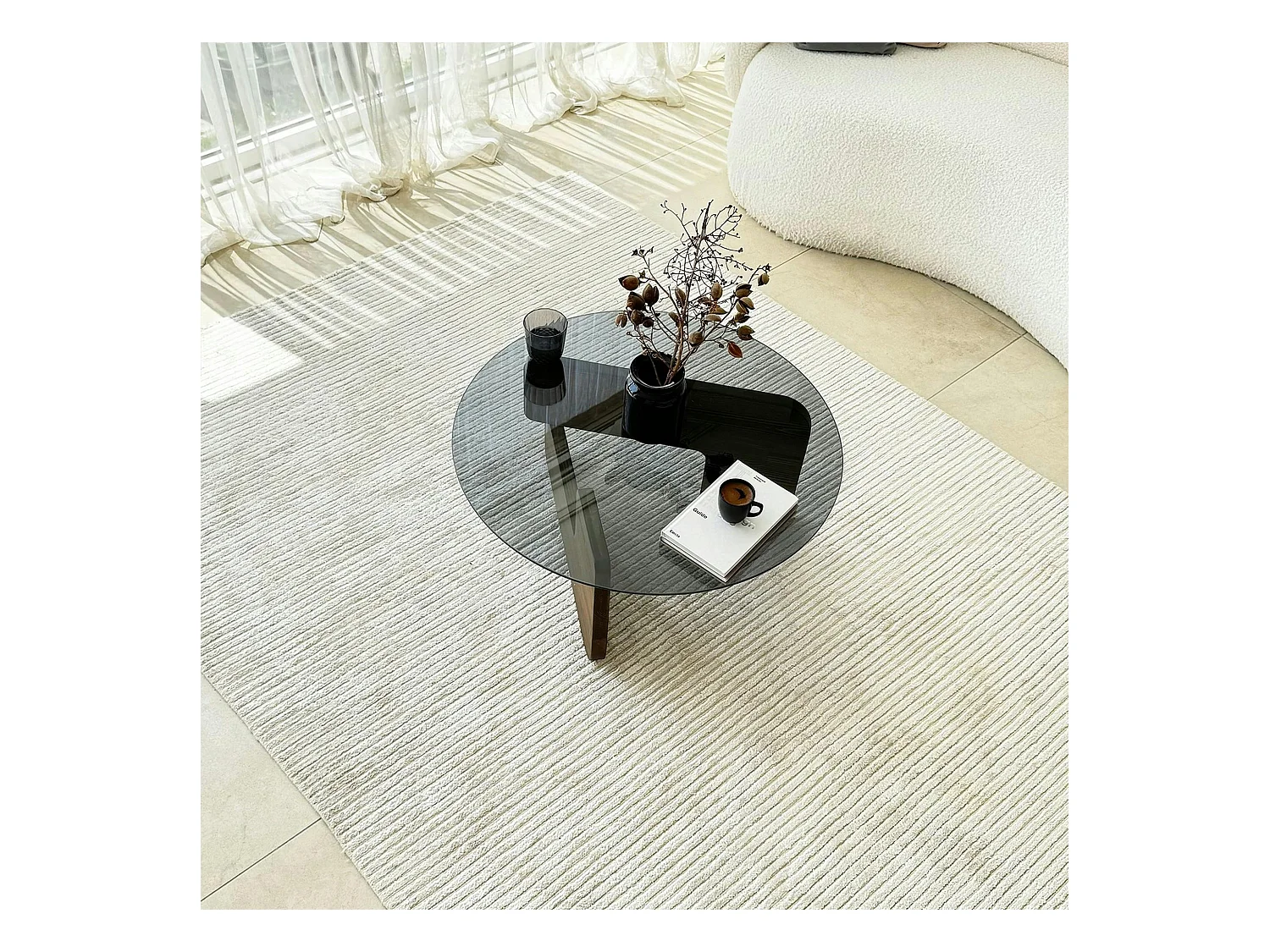 Table basse design en verre fumé - pied bois brun ANZIO