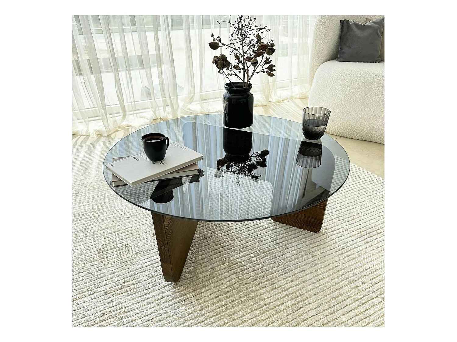 Table basse design en verre fumé - pied bois brun ANZIO