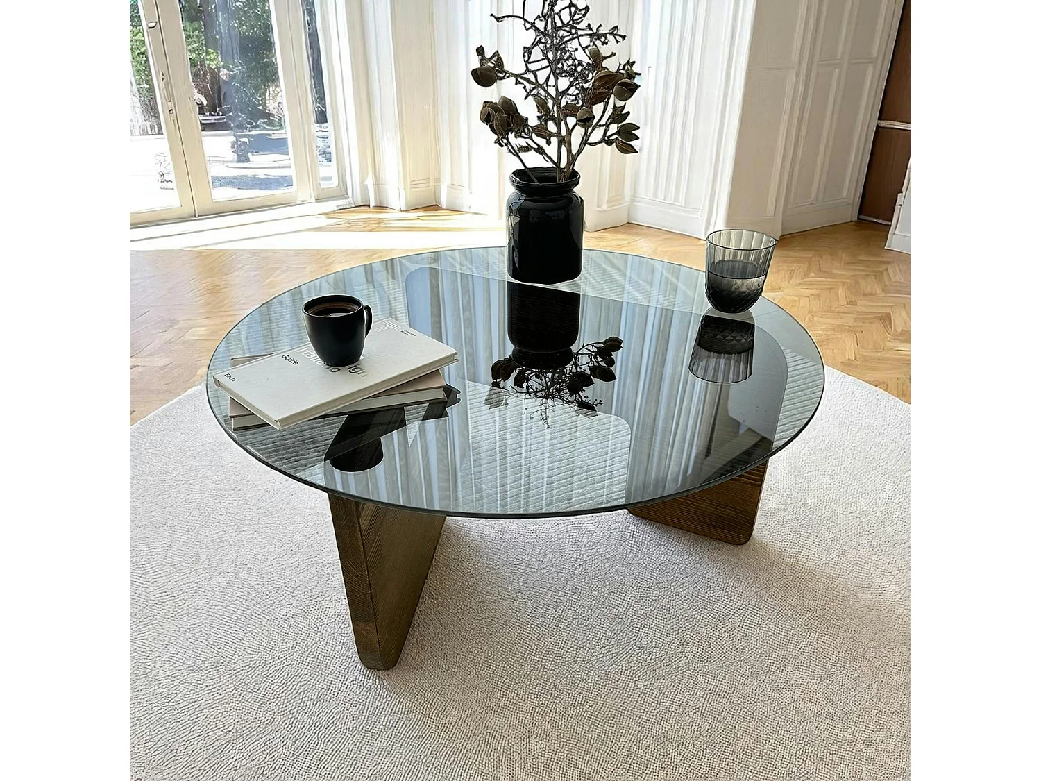 Table basse design en verre fumé - pied bois brun ANZIO
