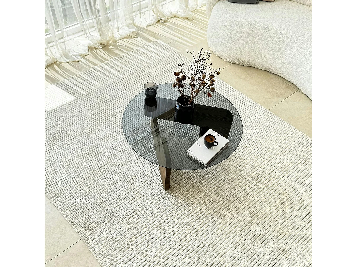 Table basse design en verre fumé - pied bois brun ANZIO