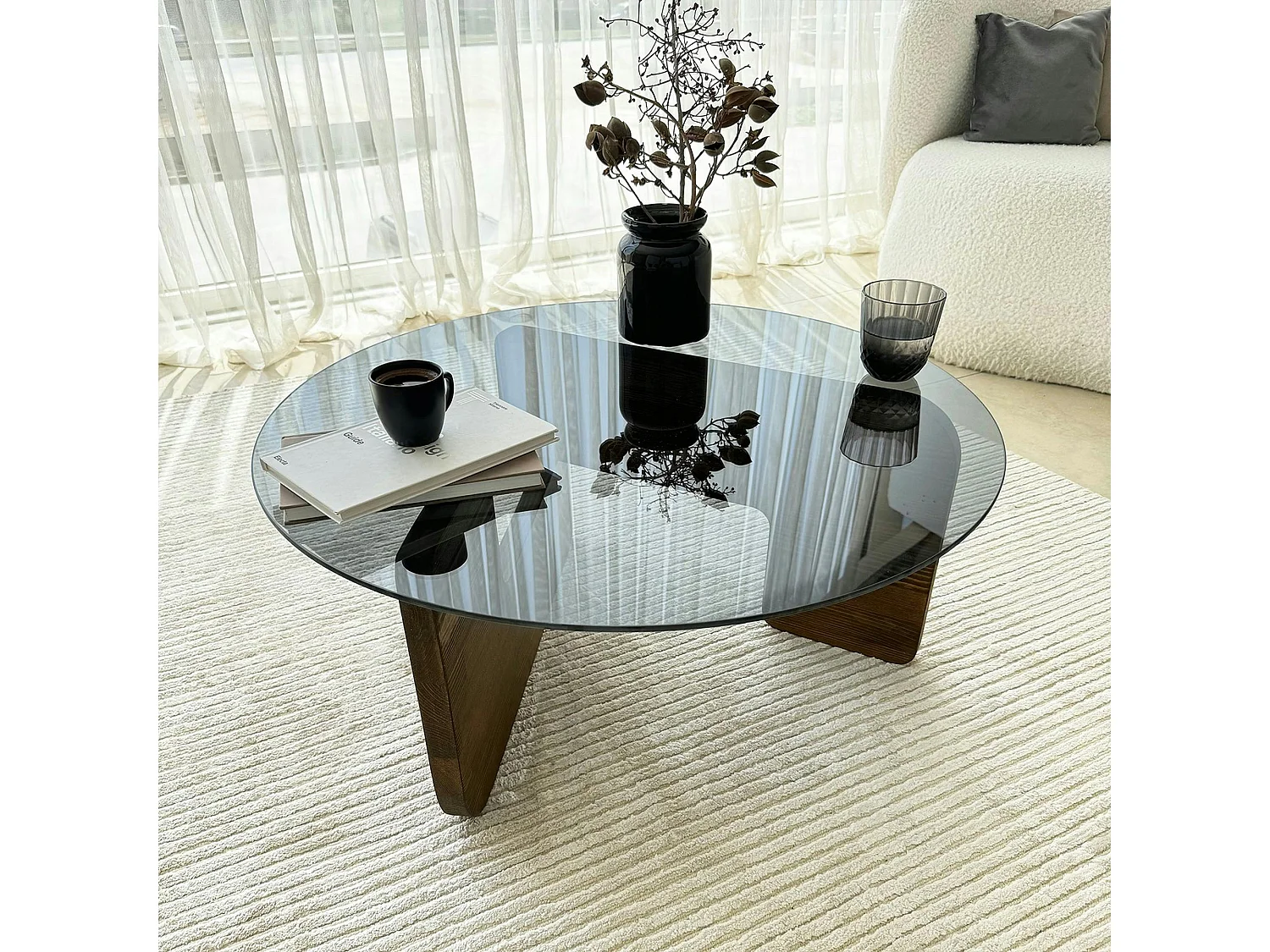 Table basse design en verre fumé - pied bois brun ANZIO