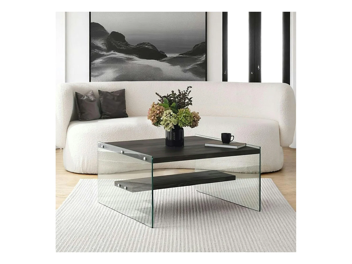 Table basse verre et bois - plateaux gris suspendus, LHASA