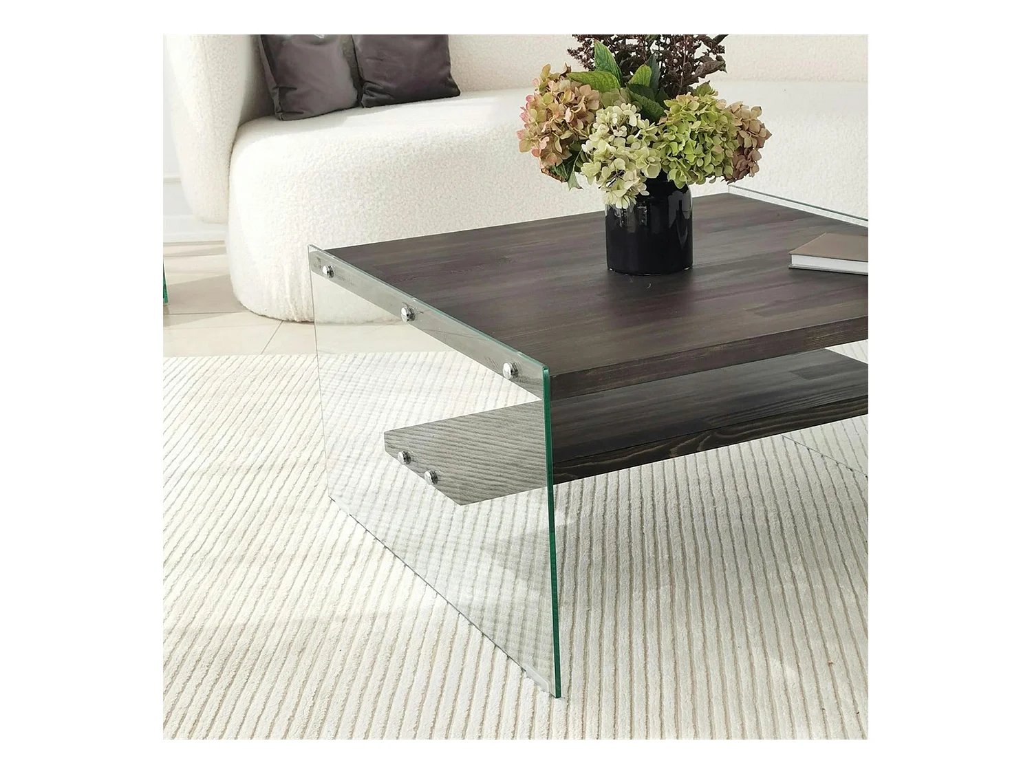 Table basse verre et bois - plateaux gris suspendus, LHASA