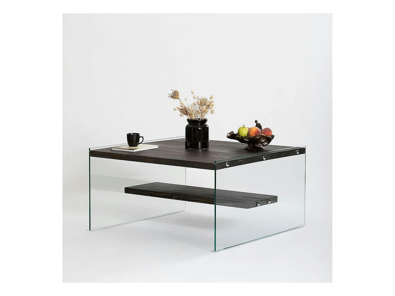 Table basse verre et bois - plateaux gris suspendus, LHASA