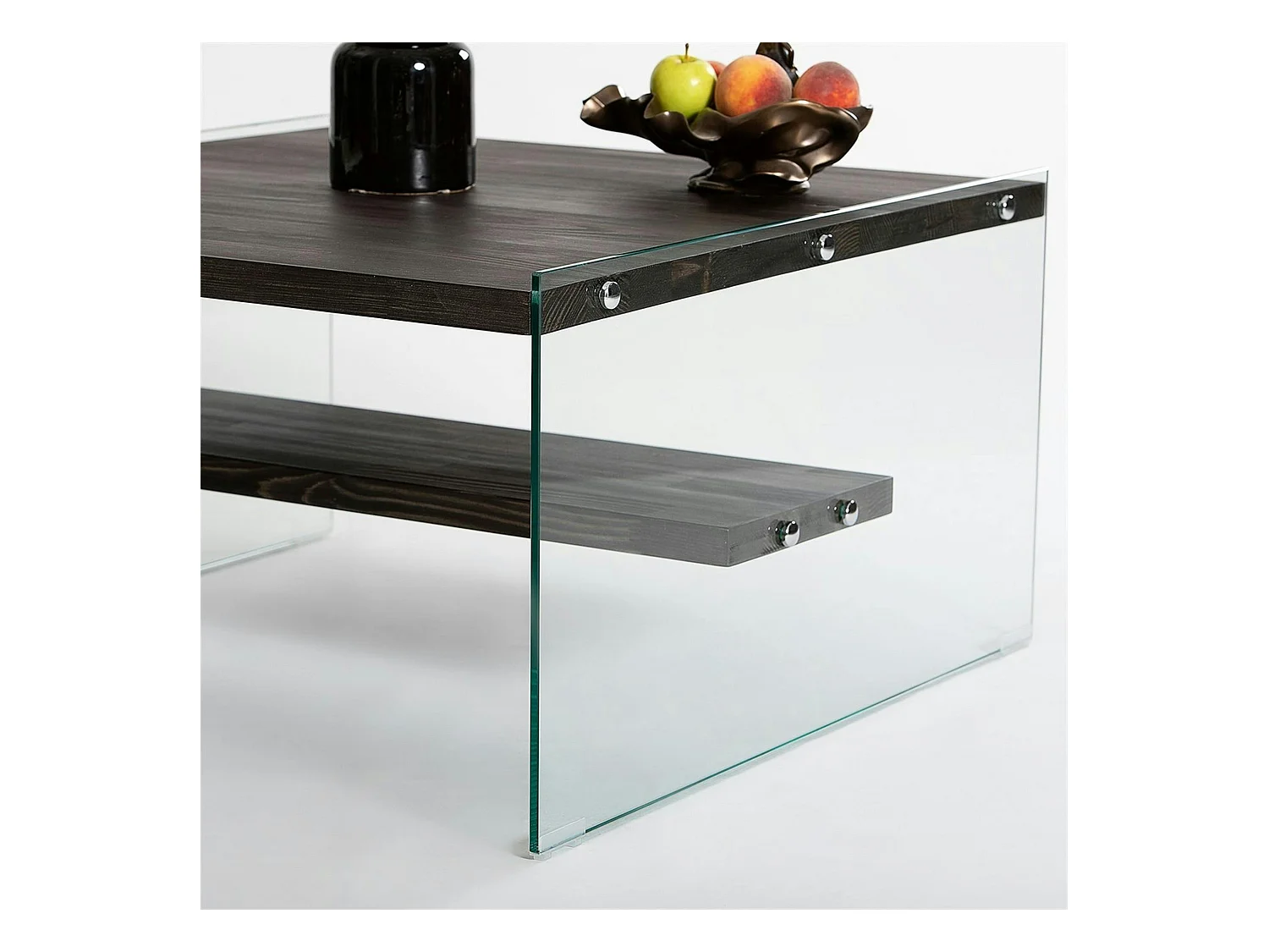 Table basse verre et bois - plateaux gris suspendus, LHASA