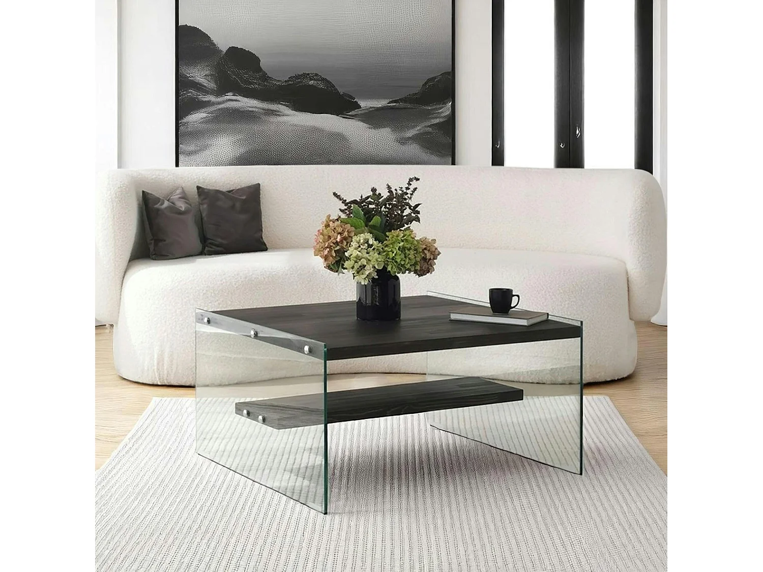 Table basse verre et bois - plateaux gris suspendus, LHASA