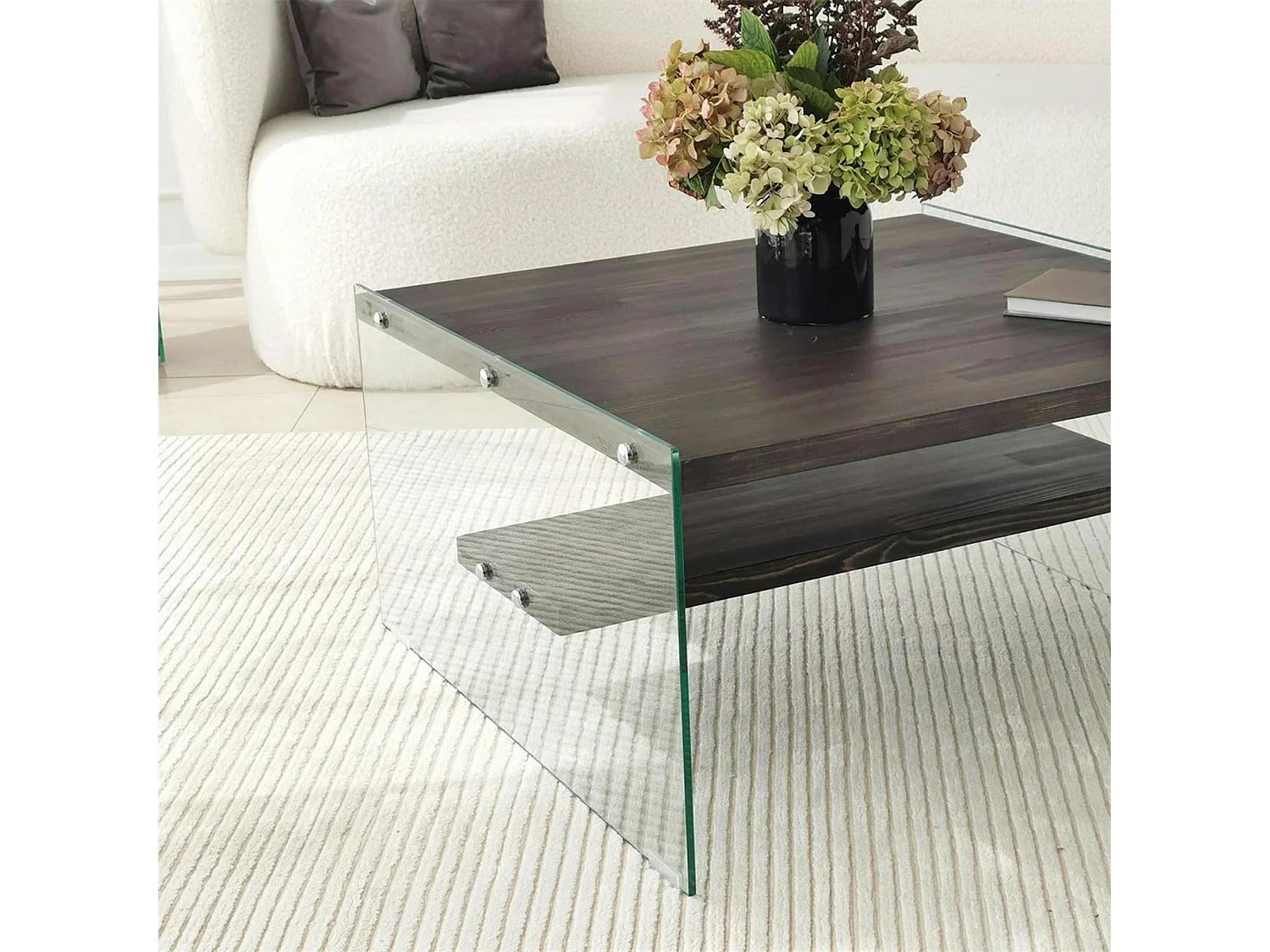 Table basse verre et bois - plateaux gris suspendus, LHASA