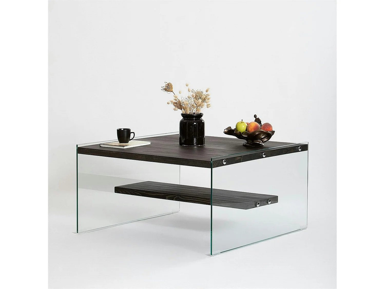 Table basse verre et bois - plateaux gris suspendus, LHASA