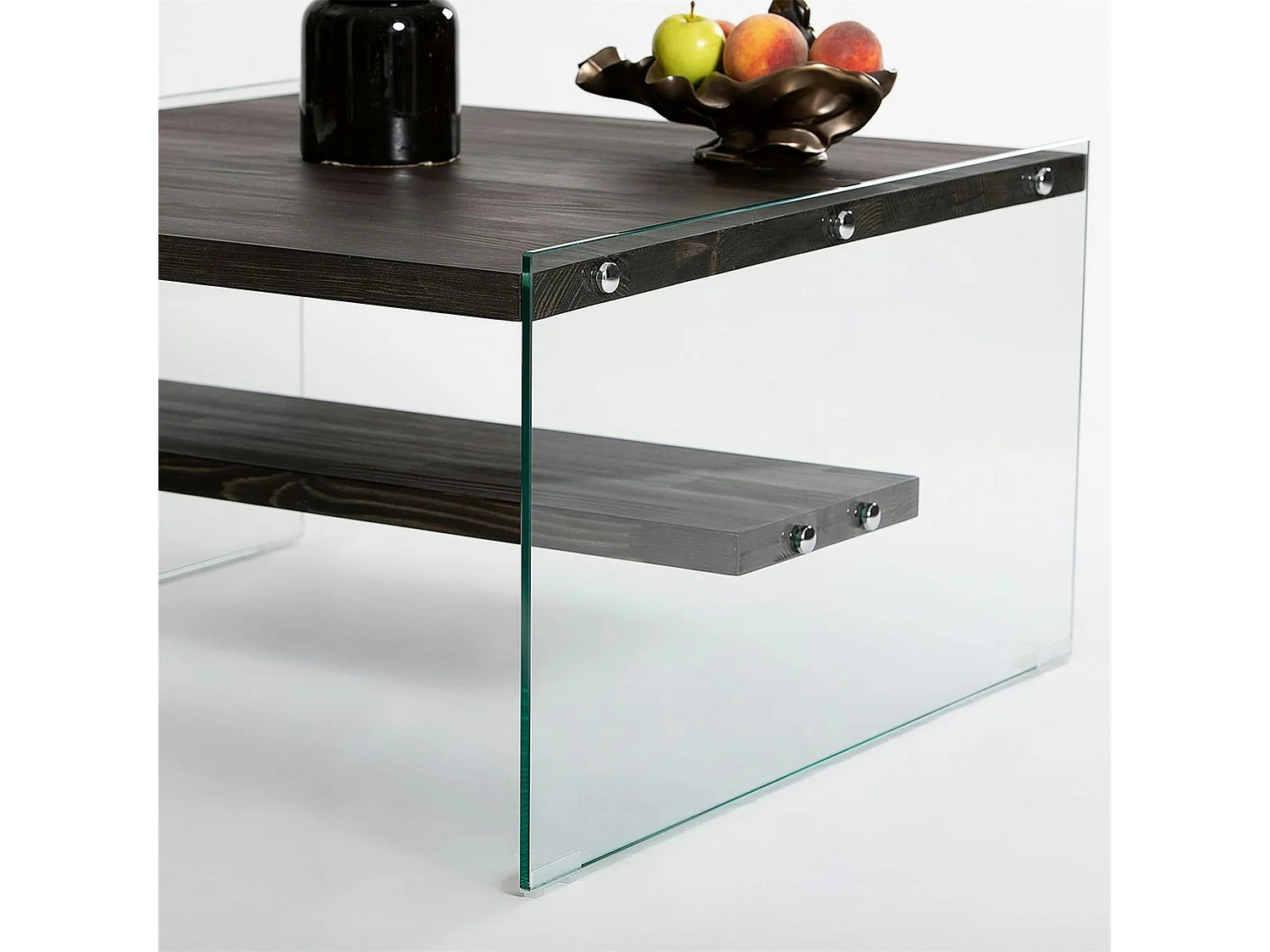 Table basse verre et bois - plateaux gris suspendus, LHASA