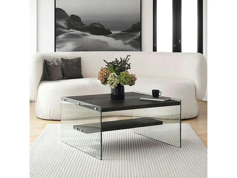 Table basse verre et bois - plateaux gris suspendus, LHASA