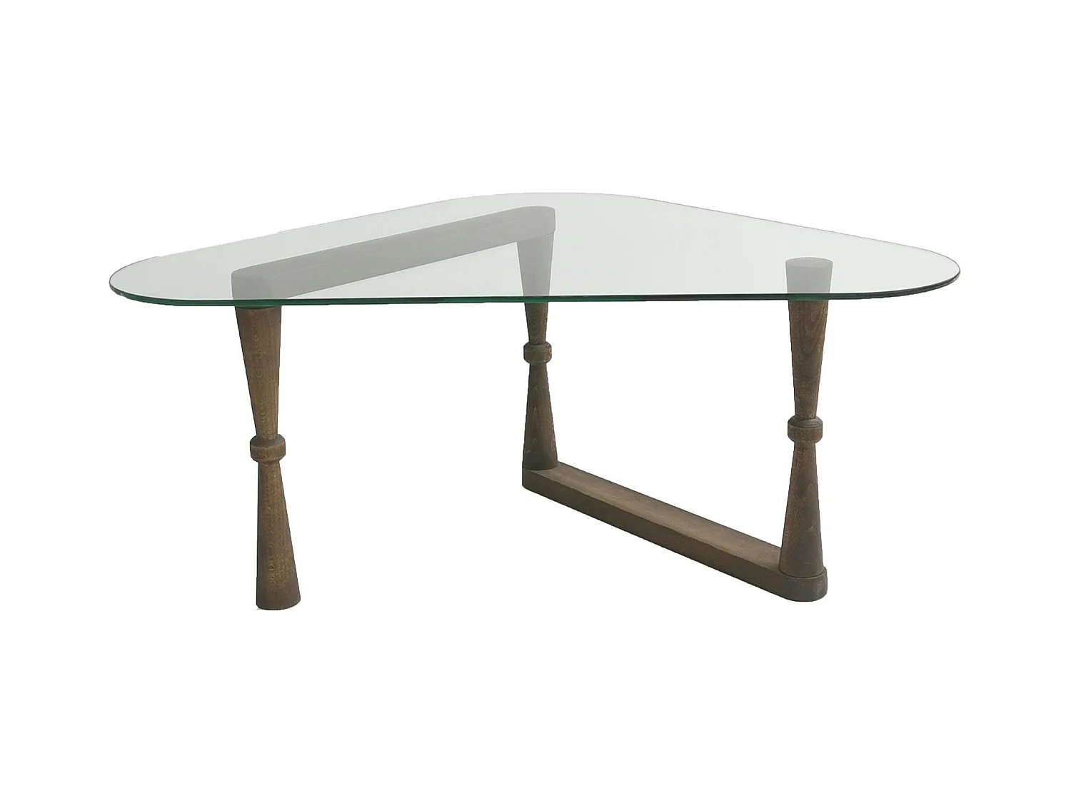 Table basse verre - forme triangle, pied bois sculpté BOMA