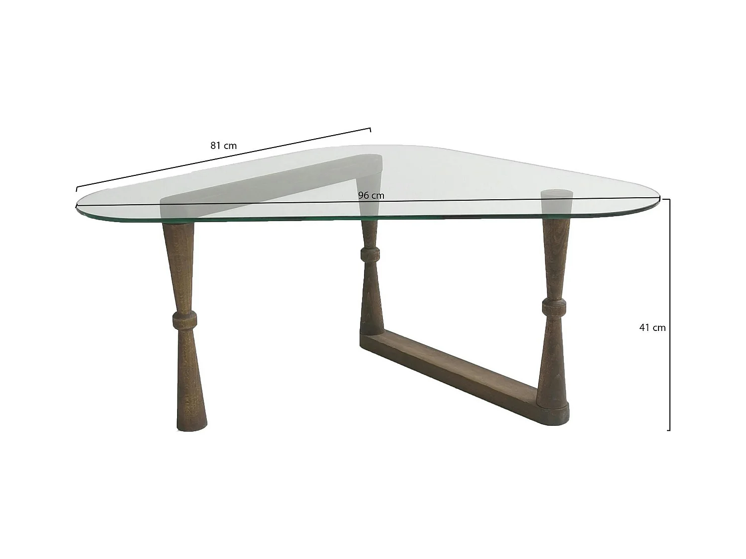 Table basse verre - forme triangle, pied bois sculpté BOMA