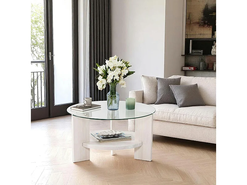 Table basse blanche ronde - verre et bois, 2 plateaux ANZIO