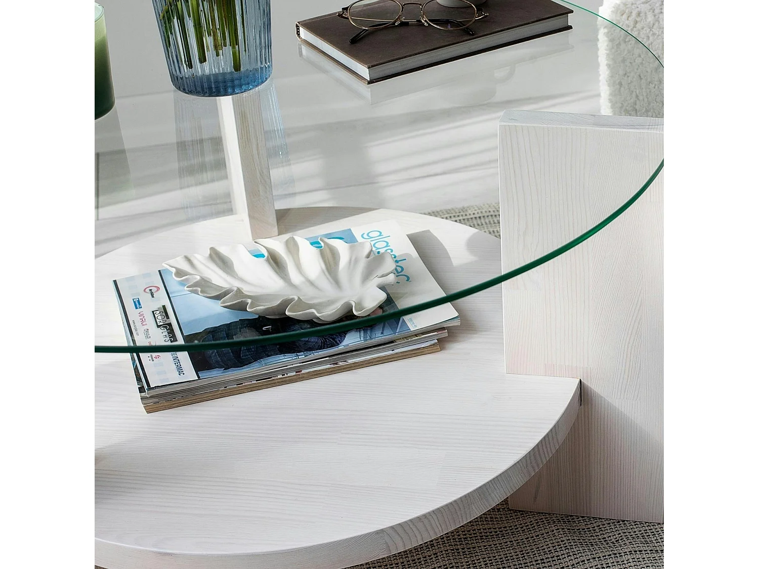 Table basse blanche ronde - verre et bois, 2 plateaux ANZIO