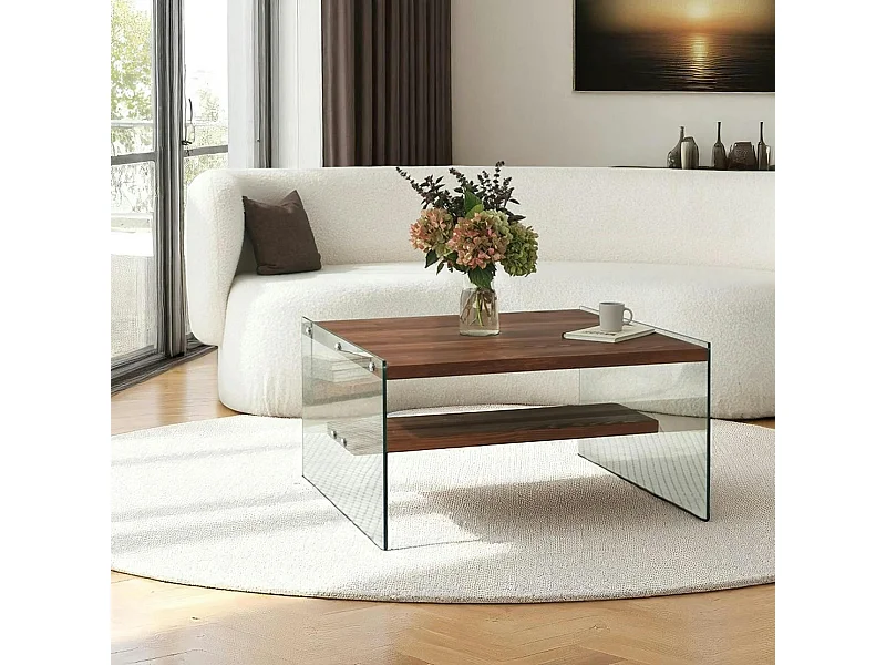 Table basse verre et bois - plateaux marrons suspendus LHASA