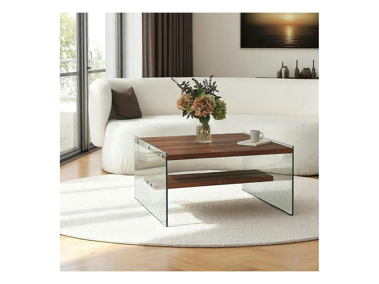 Table basse verre et bois - plateaux marrons suspendus LHASA