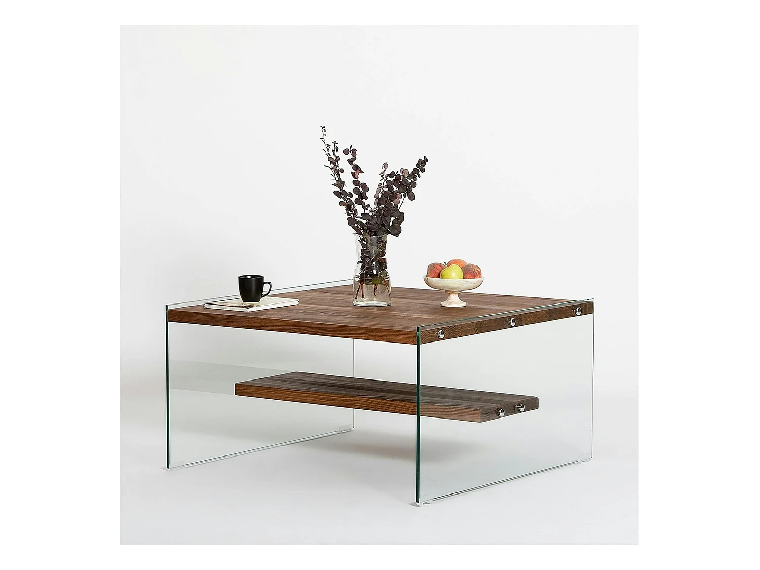 Table basse verre et bois - plateaux marrons suspendus LHASA