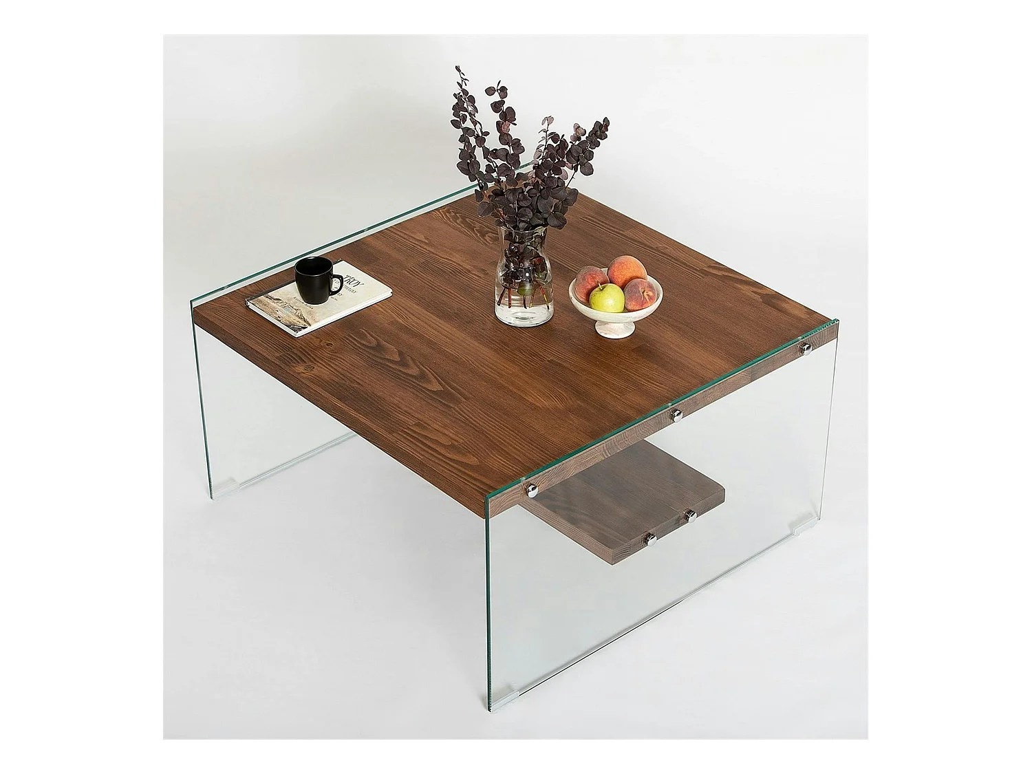 Table basse verre et bois - plateaux marrons suspendus LHASA