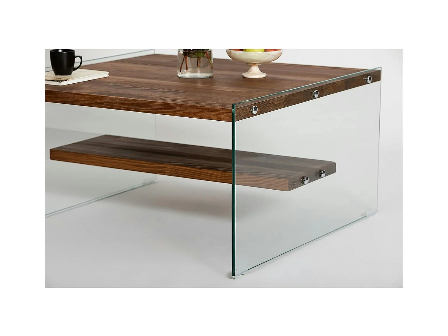 Table basse verre et bois - plateaux marrons suspendus LHASA