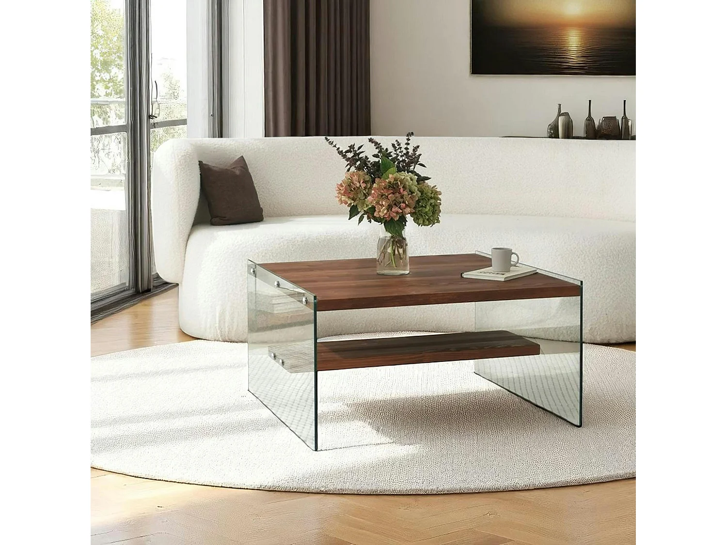 Table basse verre et bois - plateaux marrons suspendus LHASA