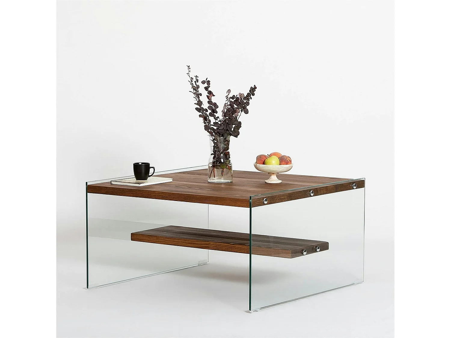 Table basse verre et bois - plateaux marrons suspendus LHASA
