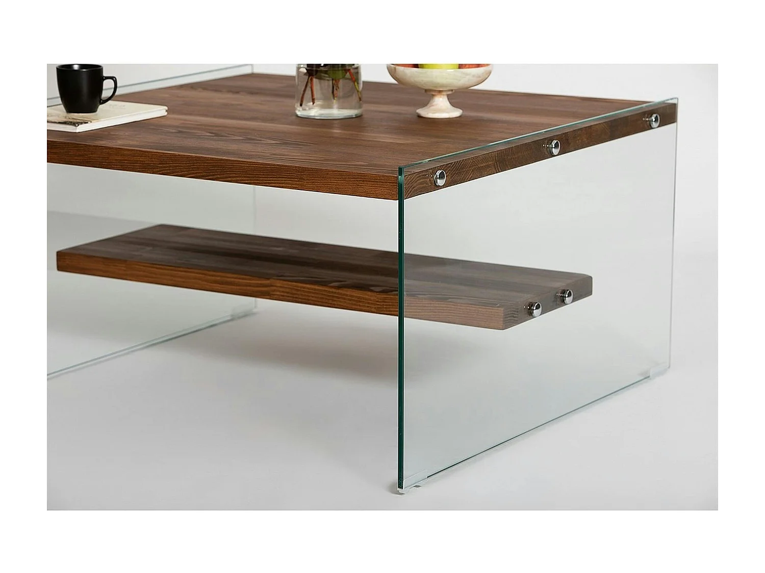 Table basse verre et bois - plateaux marrons suspendus LHASA