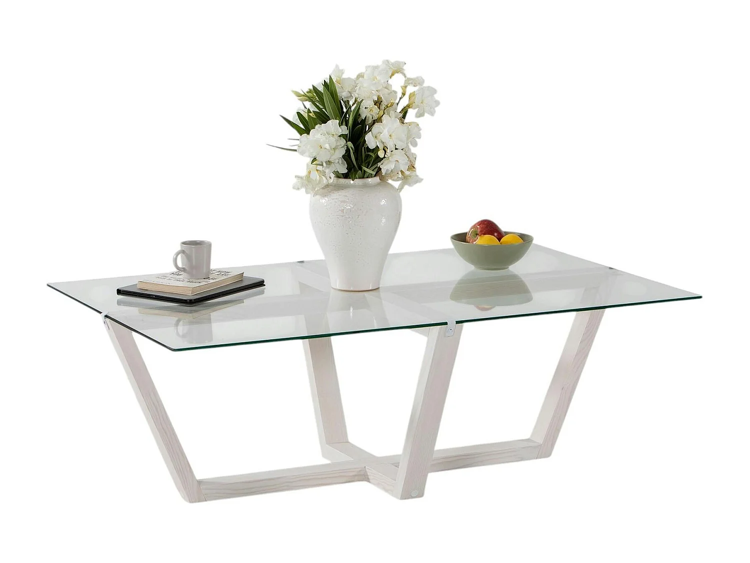Table basse blanche design - verre trempé, pied croisé LHASA