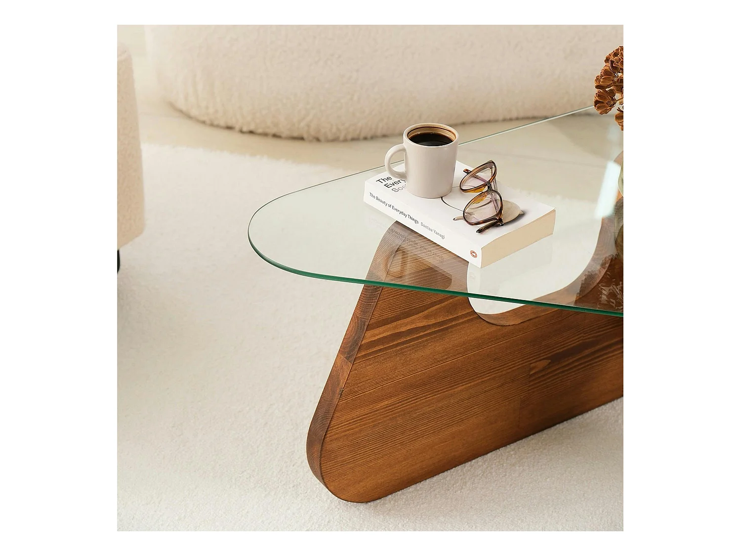 Table basse design en verre et bois brun - forme triangle ANZIO