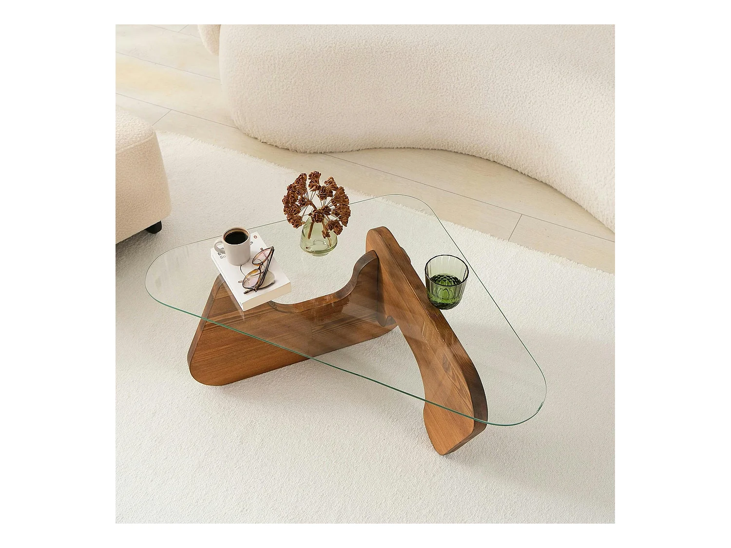 Table basse design en verre et bois brun - forme triangle ANZIO