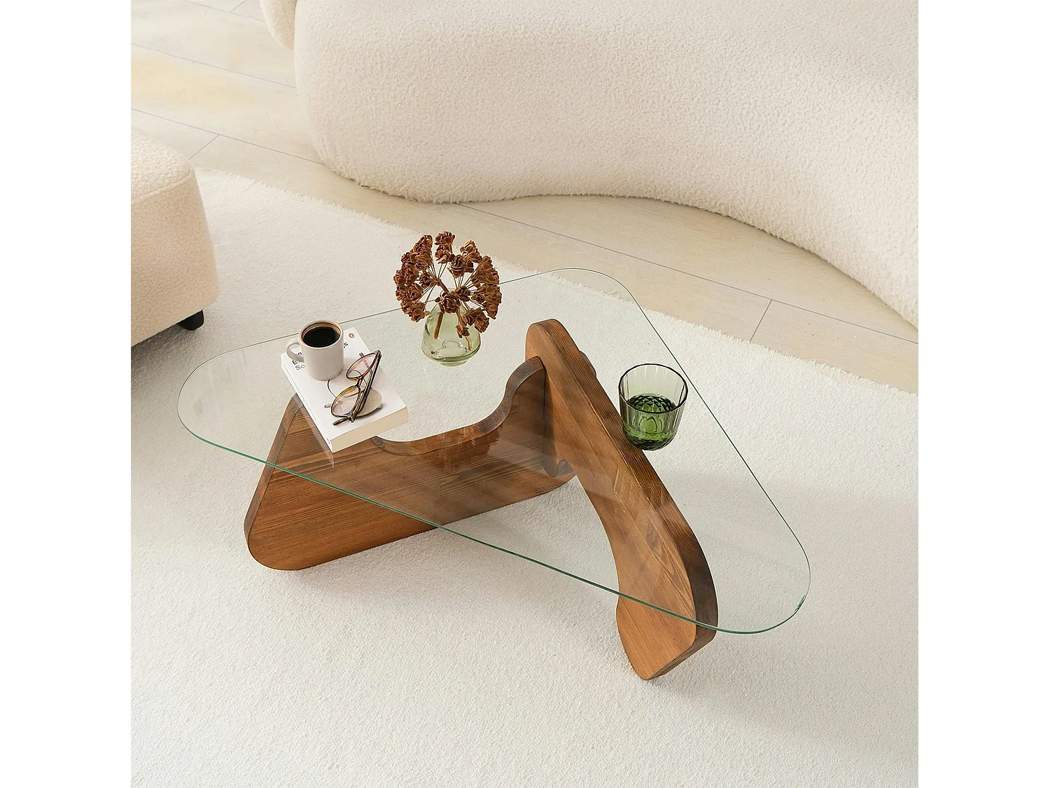 Table basse design en verre et bois brun - forme triangle ANZIO