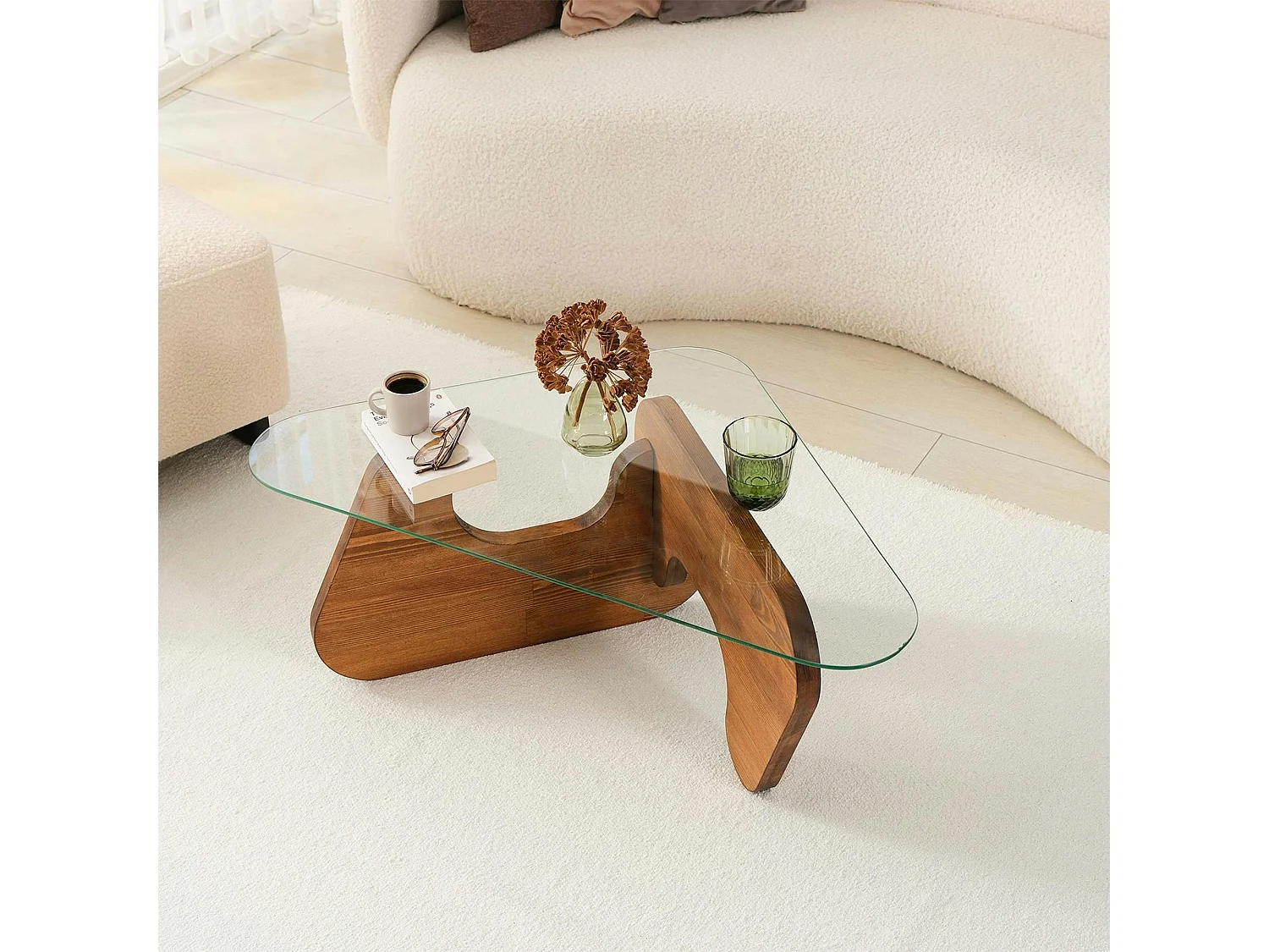 Table basse design en verre et bois brun - forme triangle ANZIO