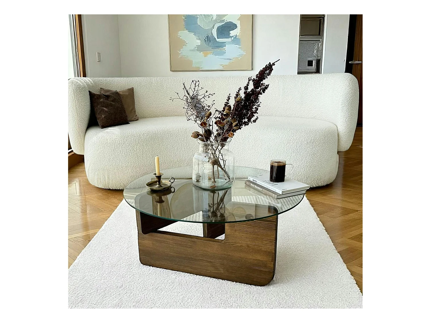 Table basse design en verre - pied bois brun ANZIO