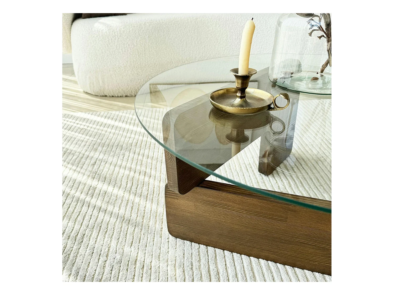 Table basse design en verre - pied bois brun ANZIO