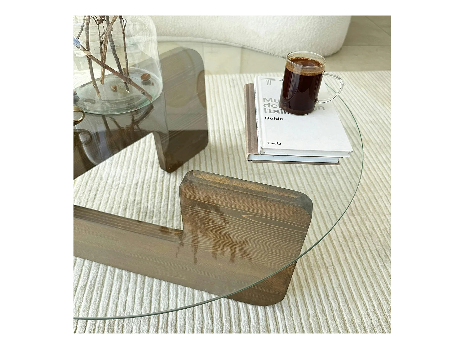 Table basse design en verre - pied bois brun ANZIO