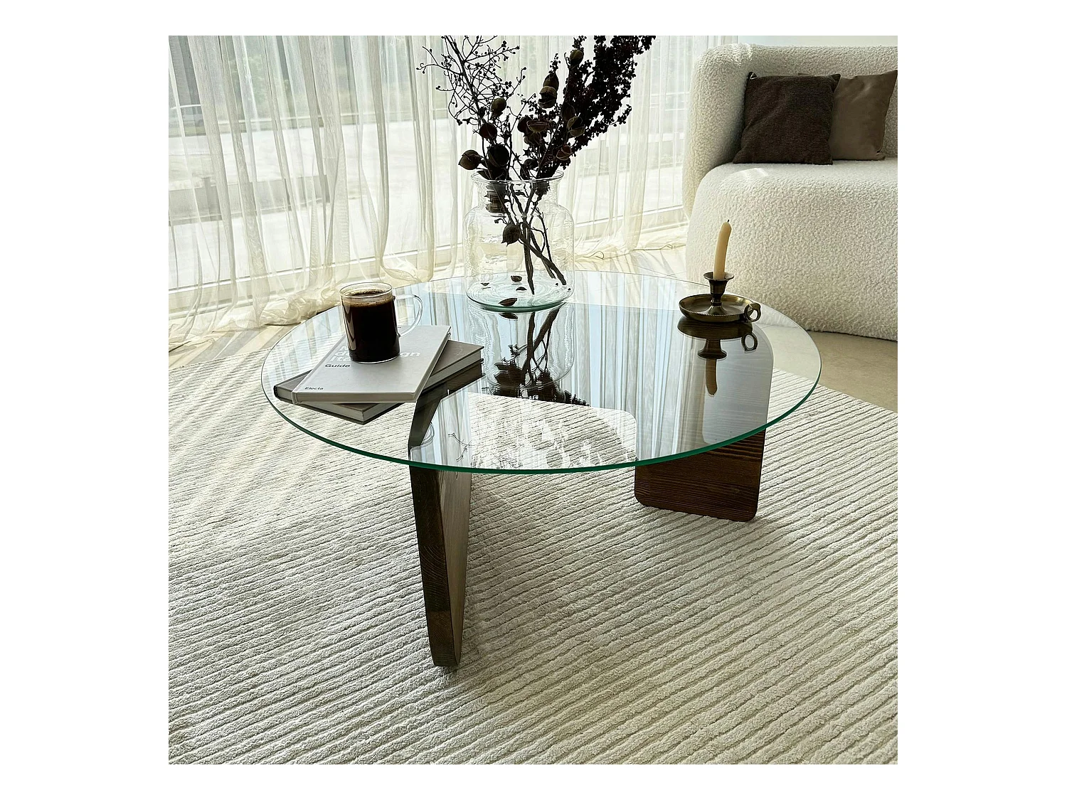 Table basse design en verre - pied bois brun ANZIO