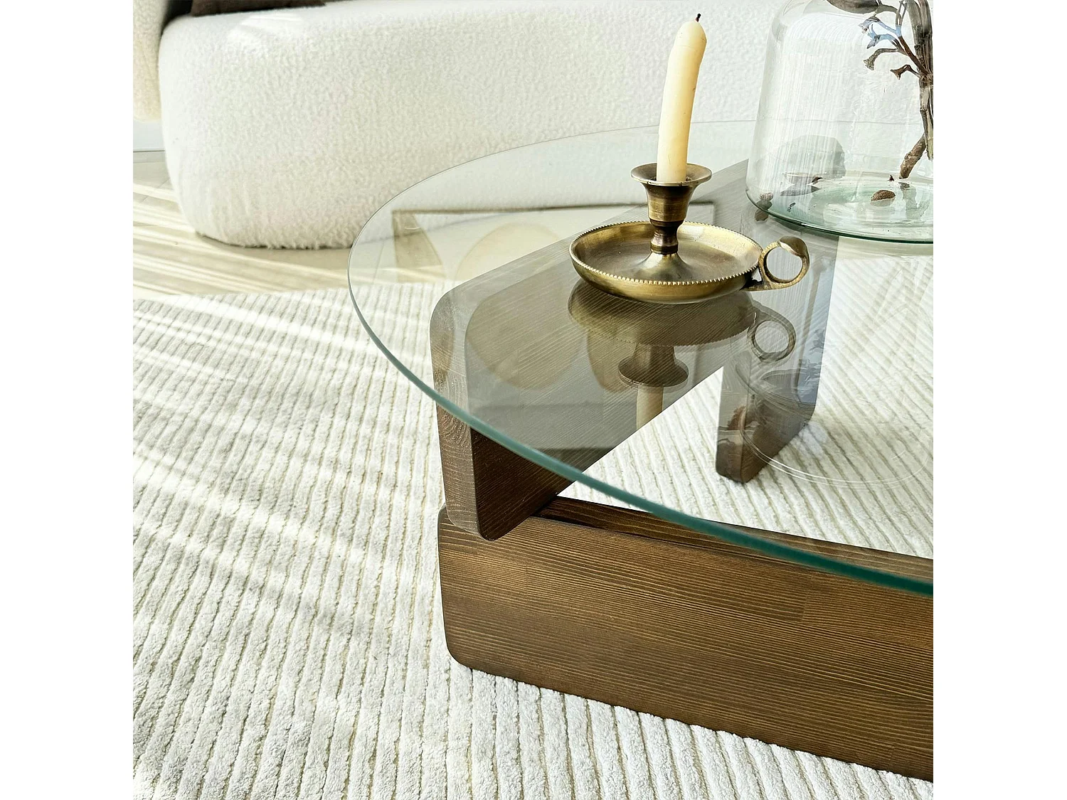 Table basse design en verre - pied bois brun ANZIO