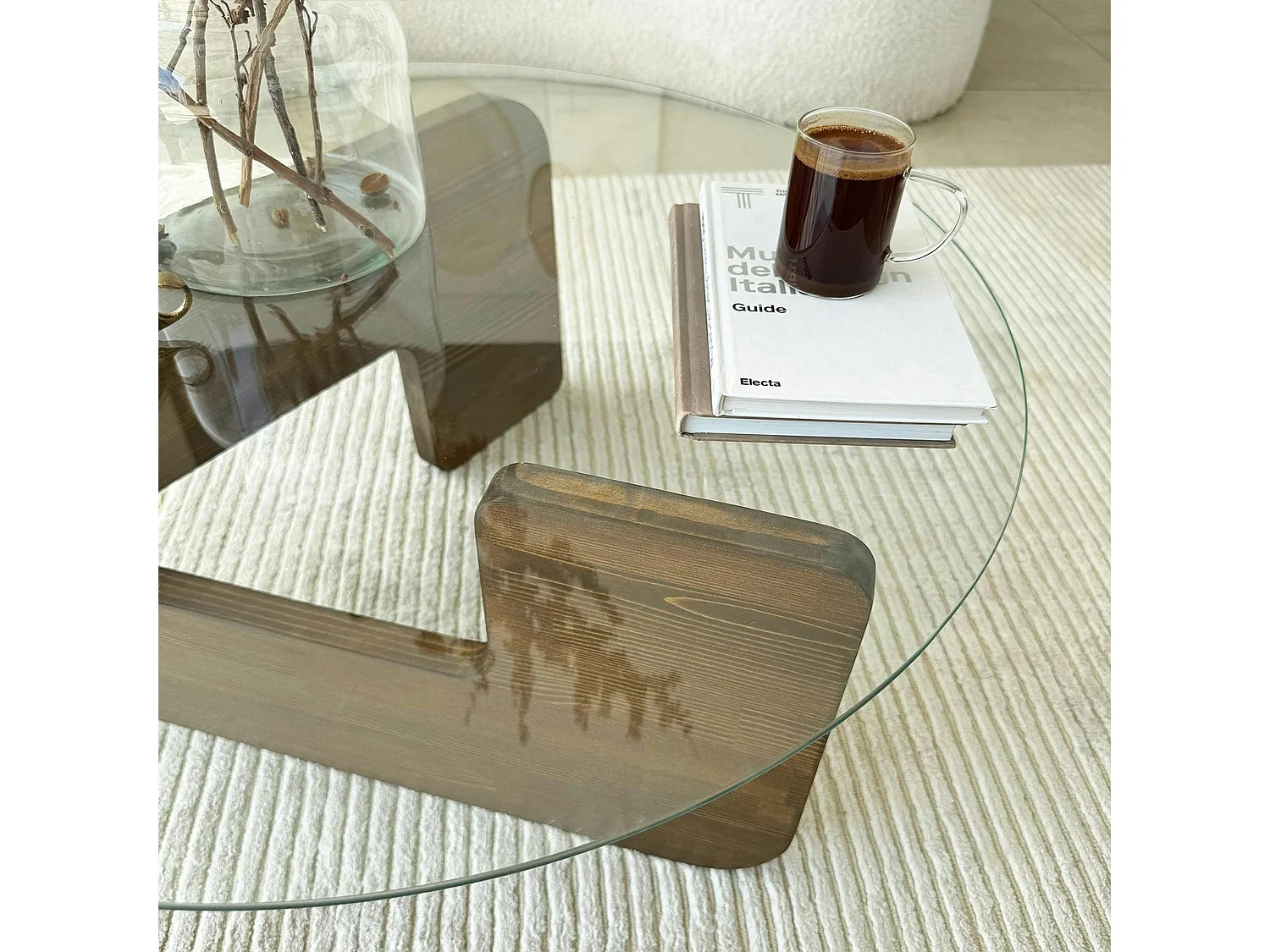 Table basse design en verre - pied bois brun ANZIO